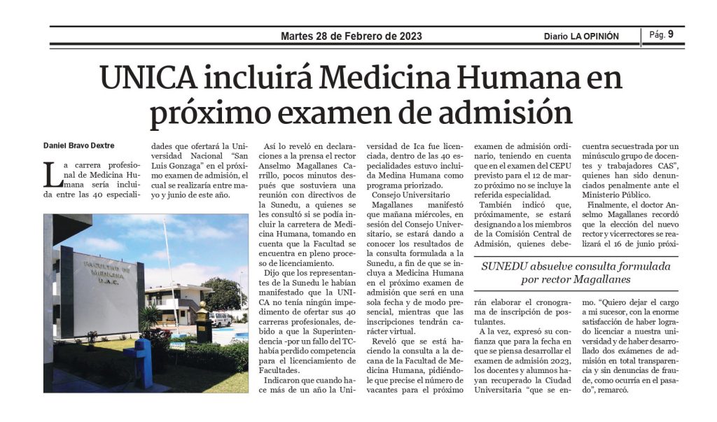 Nota Periodística del diario LA OPINION Noticias UNICA Nota Periodística del diario LA OPINION Noticias UNICA